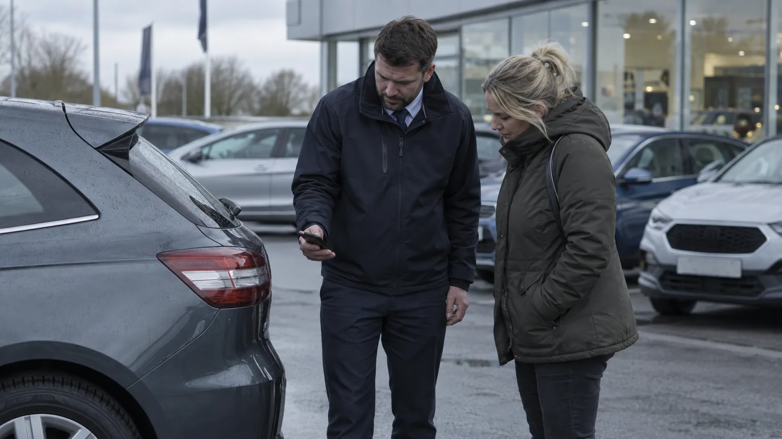 PX handover · customer and salesperson at the car