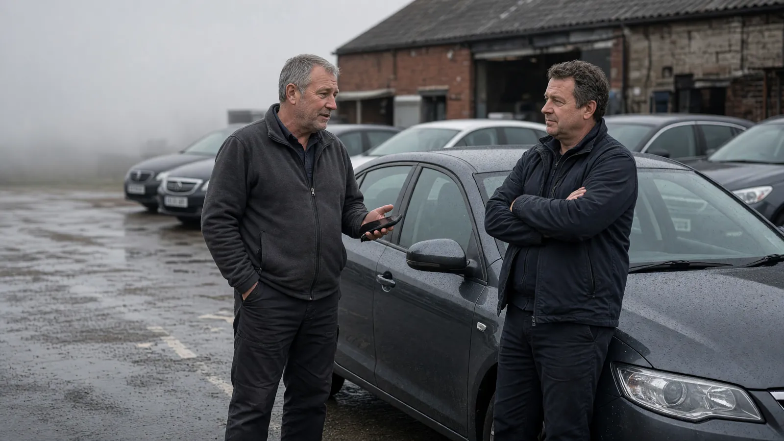 Two men talking beside a saloon car on a small used-car forecourt, one holding a phone and gesturing at the car.